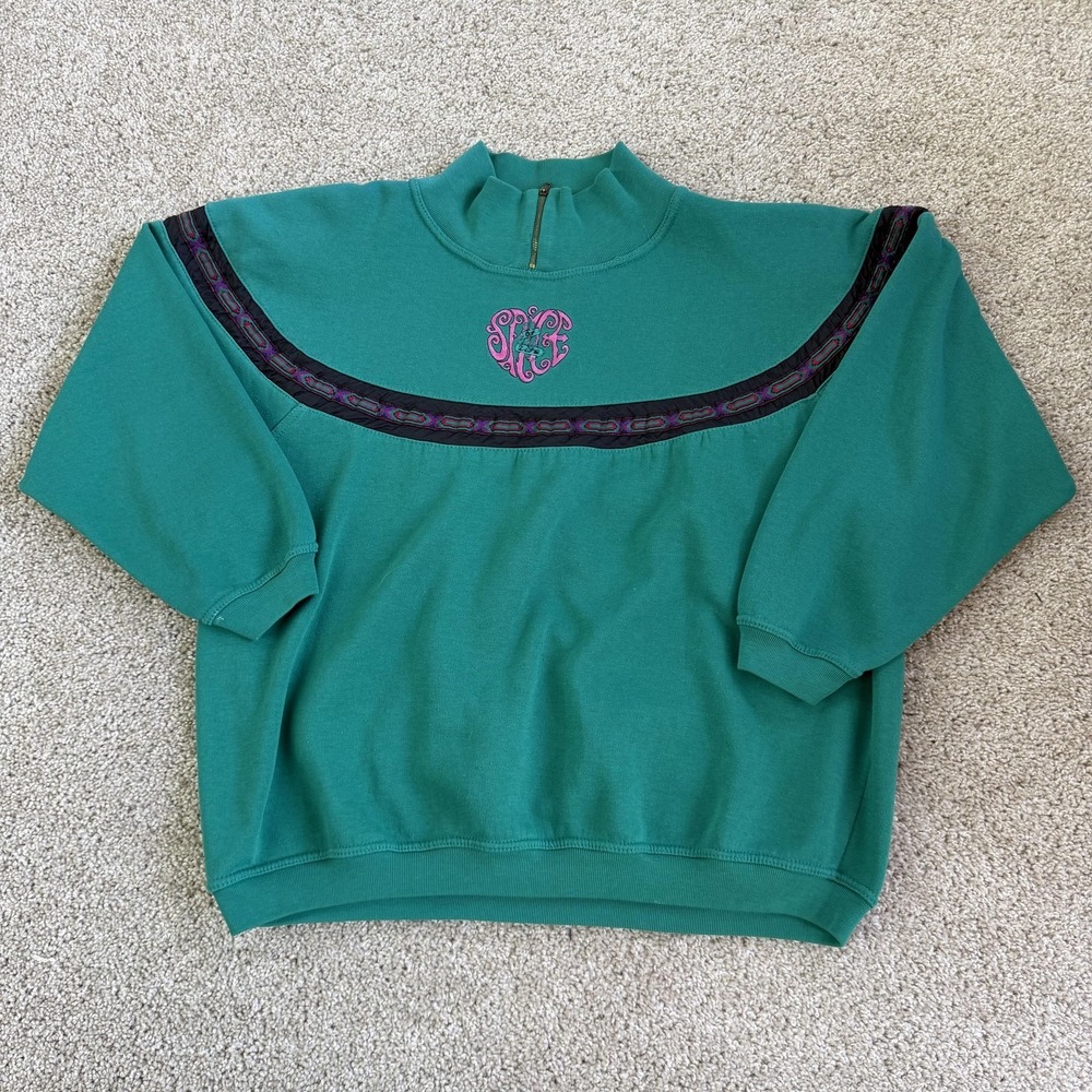 Vintage Justin Allen Xtra Sweatshirt Womens 18W Green 1/4 Zip Fleece Mock Neck
